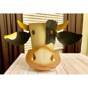 Cow Head Art Figural Tin Metal Bucket Pail Hand Painted Folk Art Vintage
